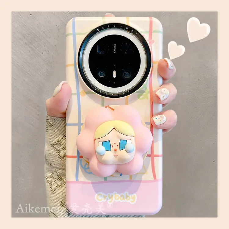 适用华为mate70pro+手机壳菲林格纹mate60pro+粉花哭娃磁吸支架女