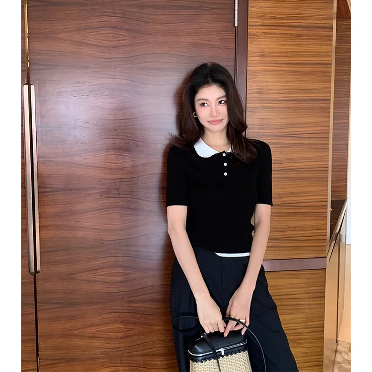 【ALONE SAVOR】龍喜儿墨吟 时尚撞色羊毛天丝翻领针织衫T539