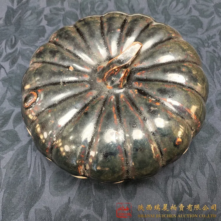 【陕西瑞晨】黑釉瓜棱形盖盒