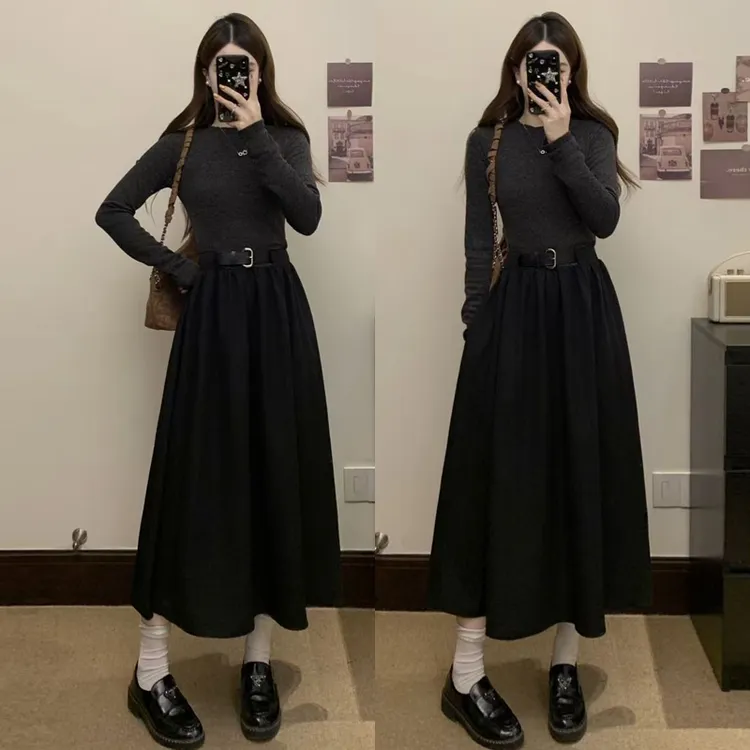 大码胖mm女装新款韩版显瘦气黑色长裙质针织拼接连衣裙女