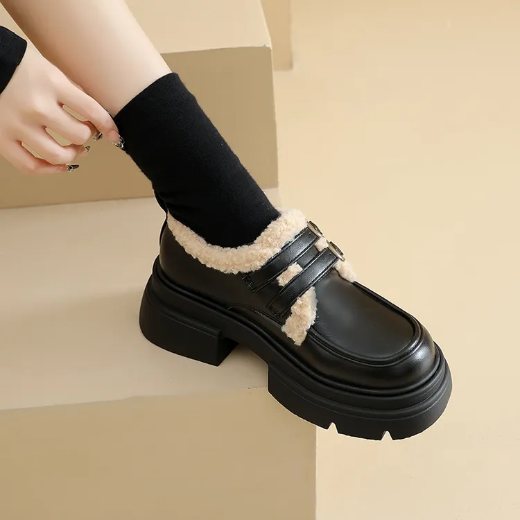 英伦风软皮加绒小皮鞋女冬季新款厚底乐福鞋保暖毛毛棉鞋粗跟女鞋