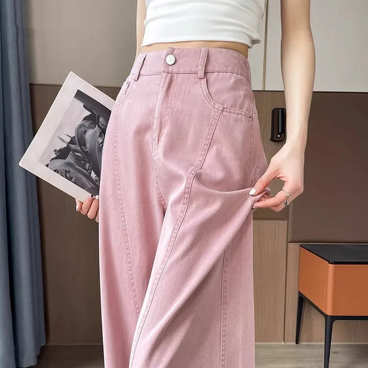 粉色天丝镰刀牛仔裤女夏季薄款2025新款慵懒垂感直筒弯刀阔腿裤子