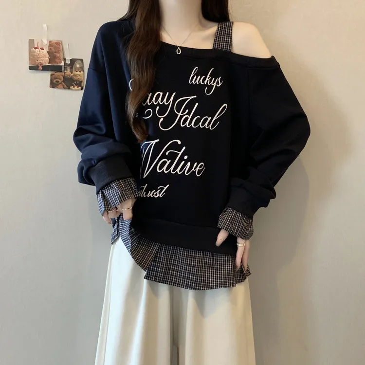 假两件斜肩露肩灰色正肩卫衣女2025早秋新款大码胖mm韩系炸街上衣