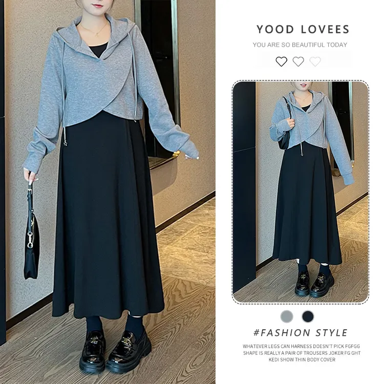 2025春秋新款韩版时尚连帽吊带连衣裙交叉短款上衣休闲两件套装女