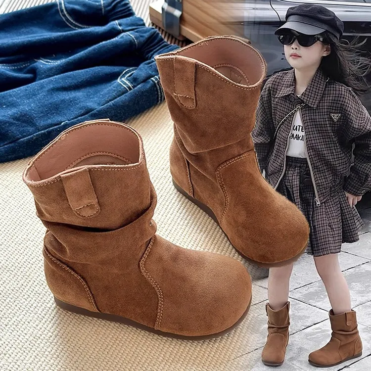 ABC女童靴子2025新款秋冬加绒儿童女孩复古堆堆靴女宝时尚马丁靴