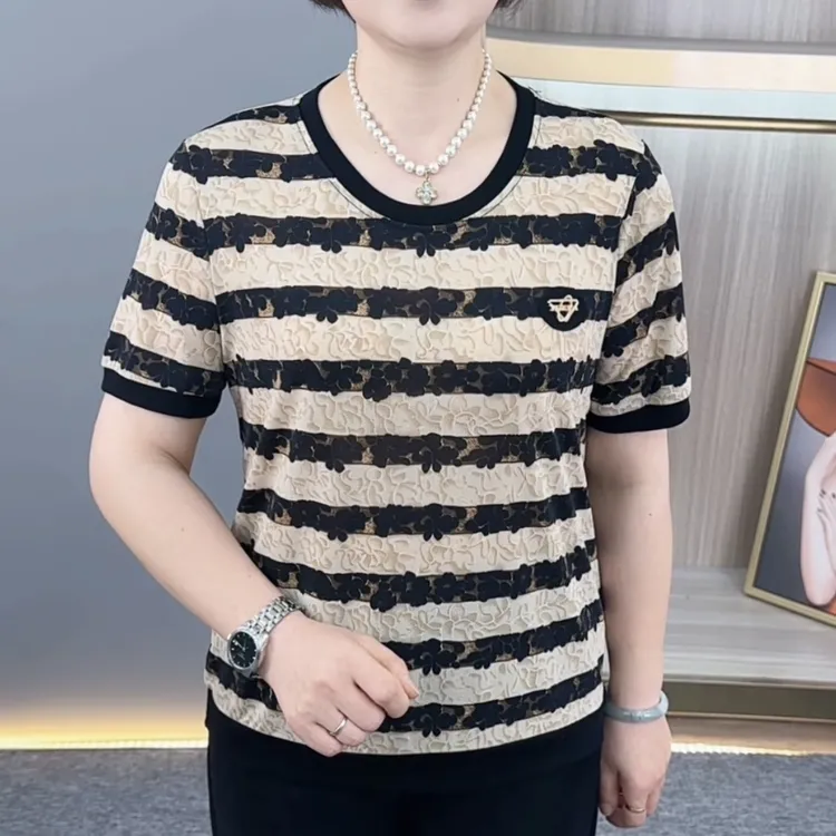 夏季新款圆领条纹中老年气质妈妈装百搭显瘦弹力短袖上衣H2838