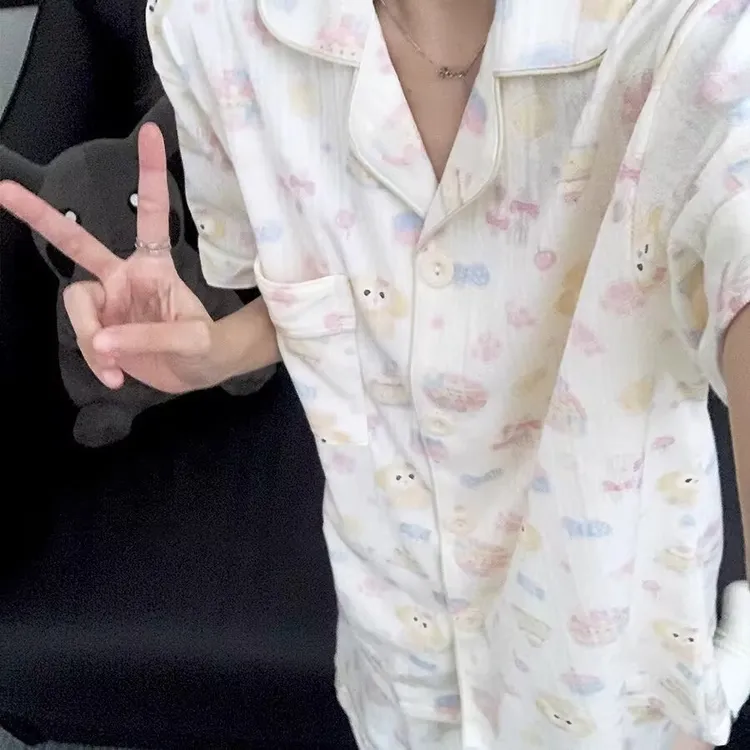 厨师饼饼女云朵棉短袖短裤夏季开衫学生睡衣睡衣女款爆款家居睡衣