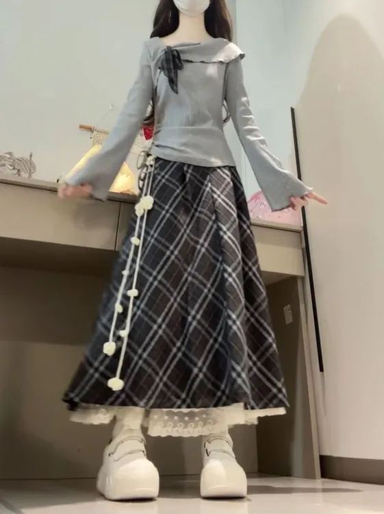 韩系氛围感穿搭套装女秋冬不规则斜领针织衫高腰格纹半身裙两件套