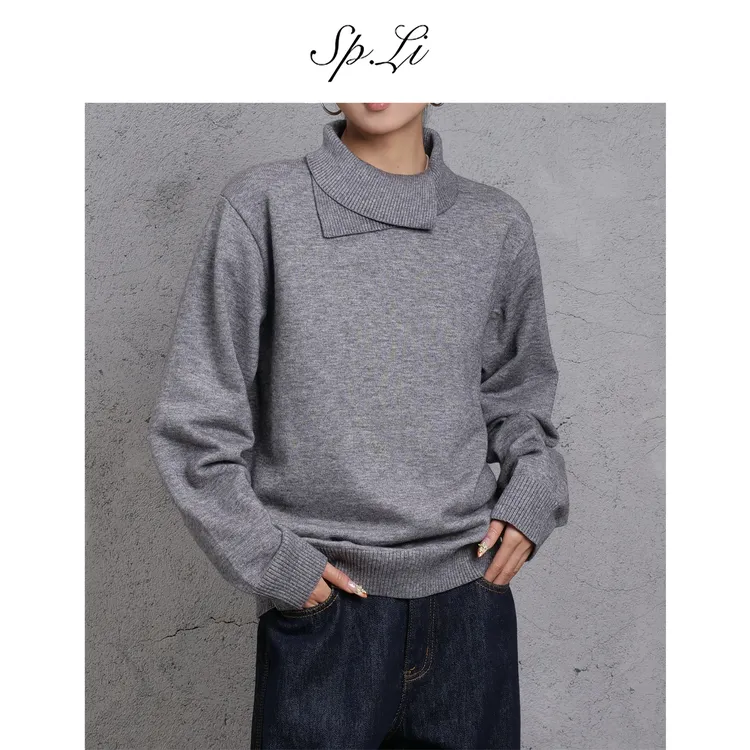 SPLi【双层异形领设计】羊毛混纺纱520G重磅高领毛衣针织衫男秋冬季