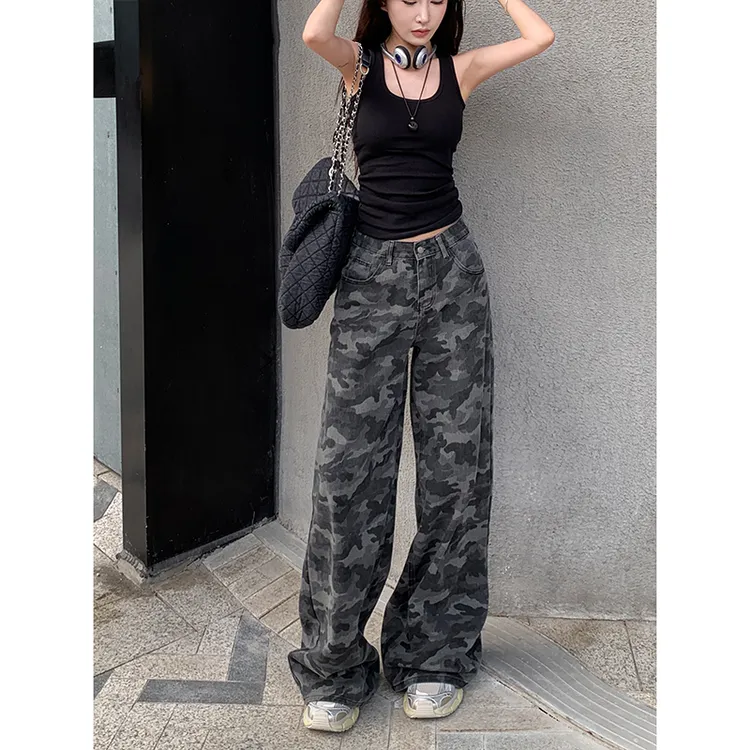 美式街头迷彩阔腿裤女2025秋季新款高腰宽松显瘦显高潮酷牛仔长裤