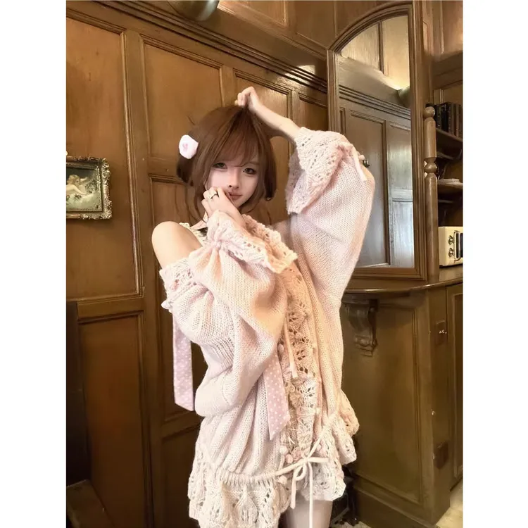 【古早美神】韩系甜美少女2025秋季新款纯欲减龄镂空钩花v领针织衫