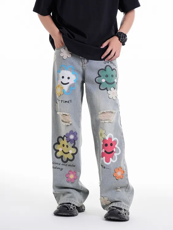原创夏季美式复古印花涂鸦刺绣花花设计怀旧破洞牛仔裤宽松阔腿裤