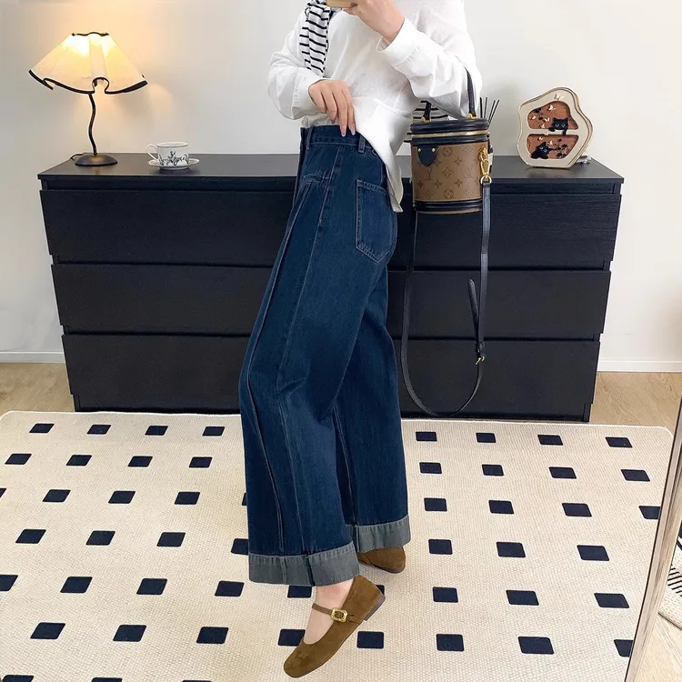 秋季新款深蓝色阔腿牛仔裤女大码胖妹妹mm显瘦高腰弹力宽松牛仔裤