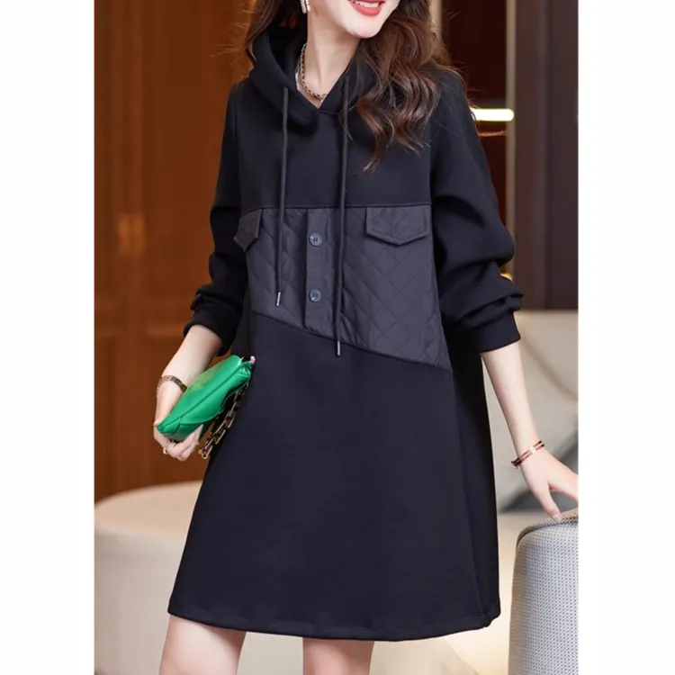 撞色菱格拼接连帽卫衣连衣裙2025秋季新款大码宽松显瘦a字中长裙