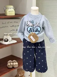 韩系女童加厚灰色KT套头毛衣配羊驼绒一条过冬星星卫裤套装