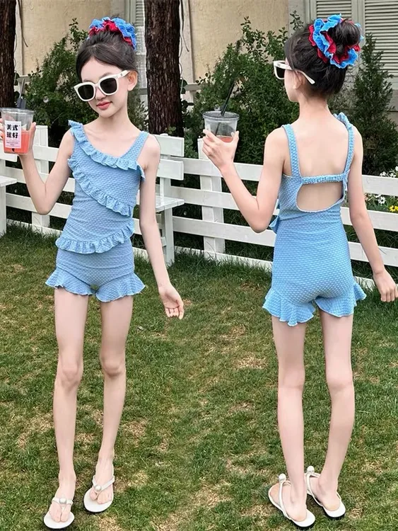 儿童泳衣女孩夏季2025新款中大童女童游泳衣小清新泳装连体衣度假