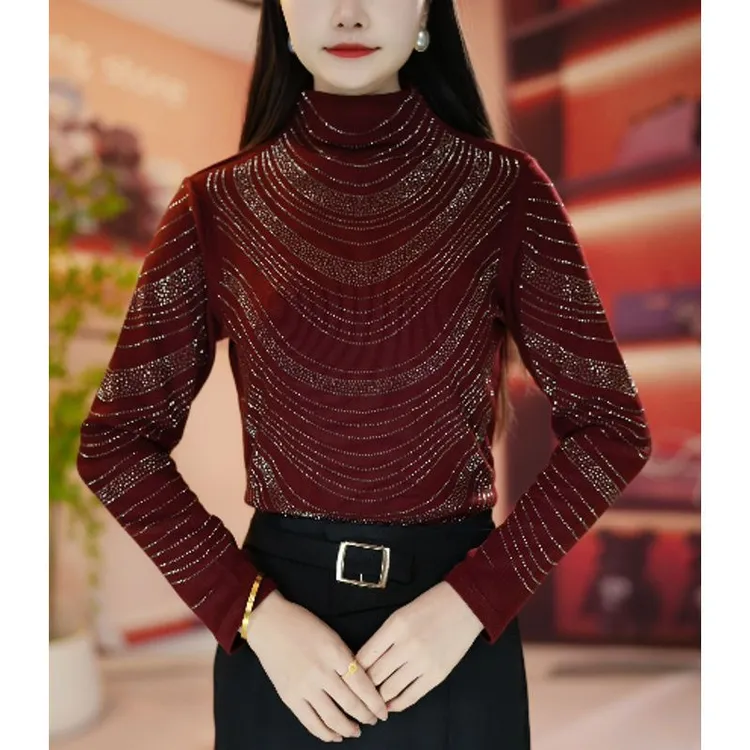 冬季新款烫钻德绒奥绒显瘦洋气时尚百搭长袖女士上衣简约修身小衫