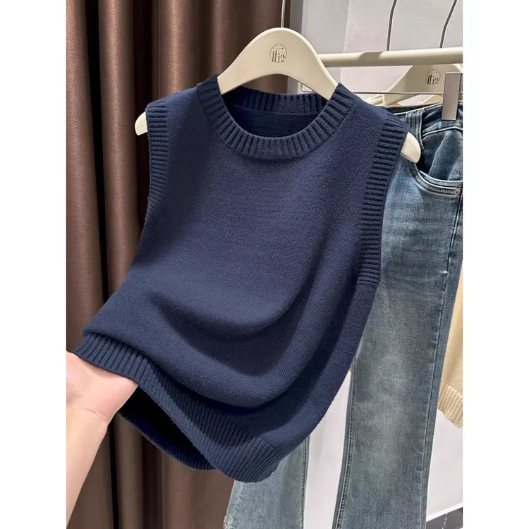 芯娇晴韩系穿搭无袖圆领深蓝色背心女装早秋新款打底毛衣针织上衣