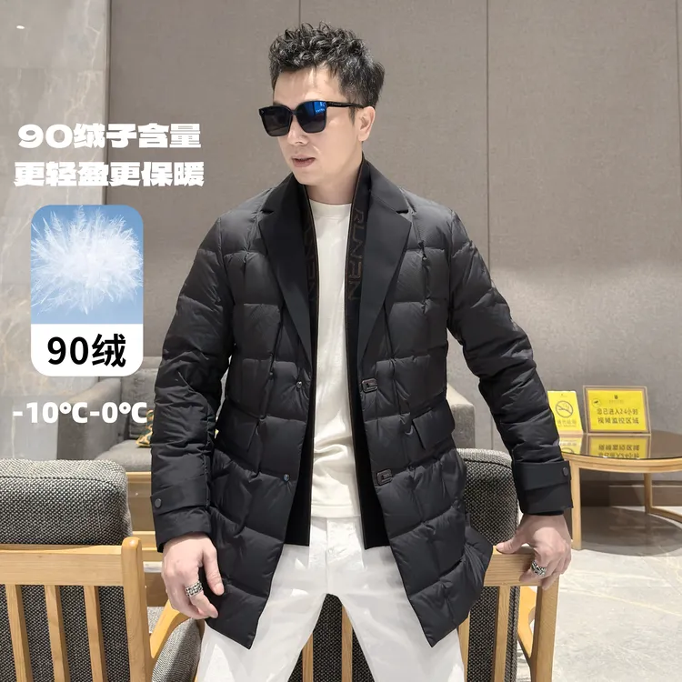 冬季中长款拼接羽绒西装型男免烫设计款90绒子白鸭绒外套