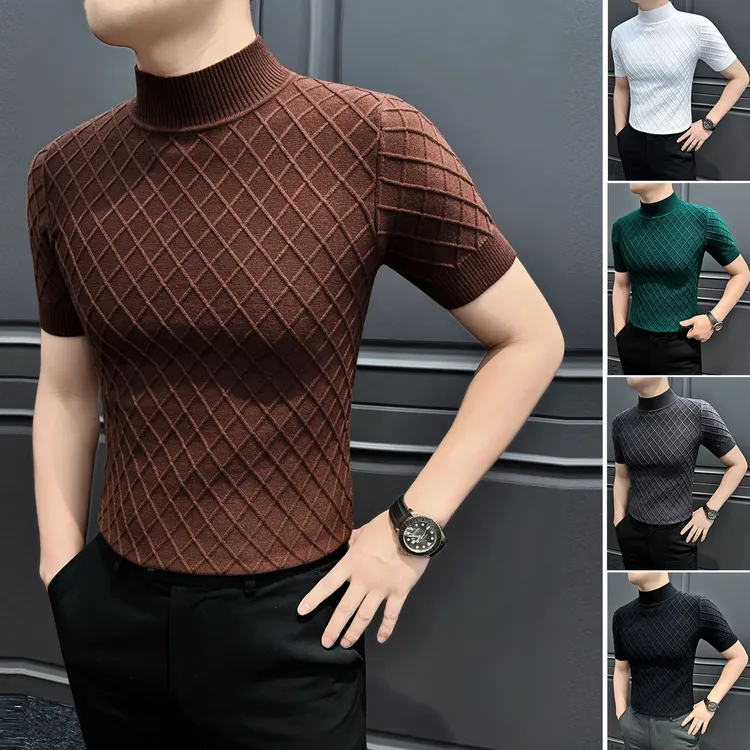 菱形格毛衣男款爆款2025新款高级感男装半高领短袖针织男士打底衫