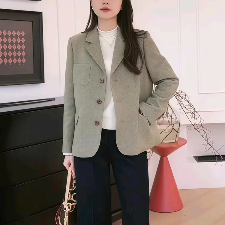 秋冬绿色复古气质西装外套女2025年时尚新款毛呢外套上衣高级感