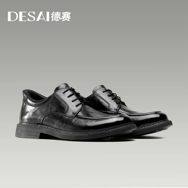 德赛【总裁闪穿黑科技】一脚蹬舒适休闲风耐磨英伦风正装厚底皮鞋