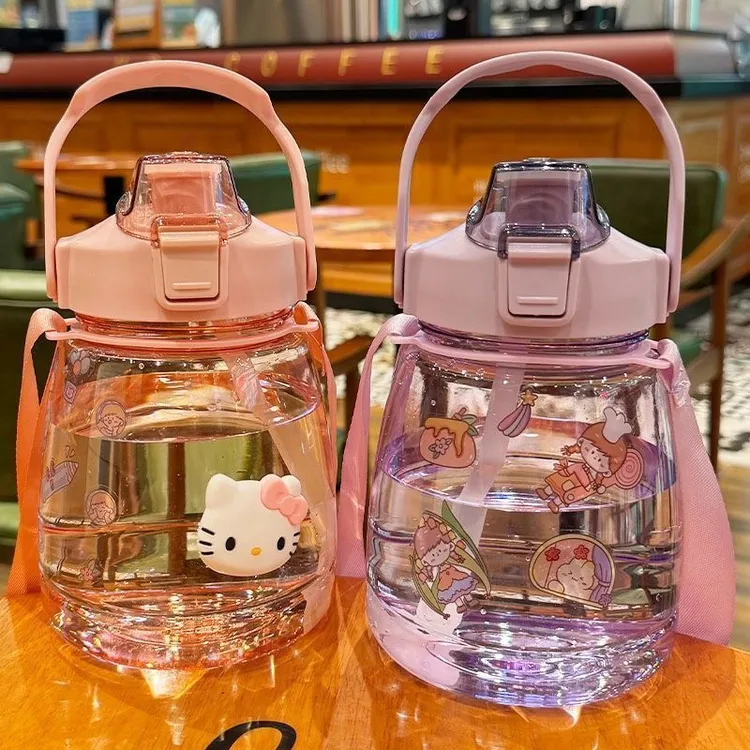 食品级大容量吸管大肚塑料水杯高颜值背带上班装备运动耐高温