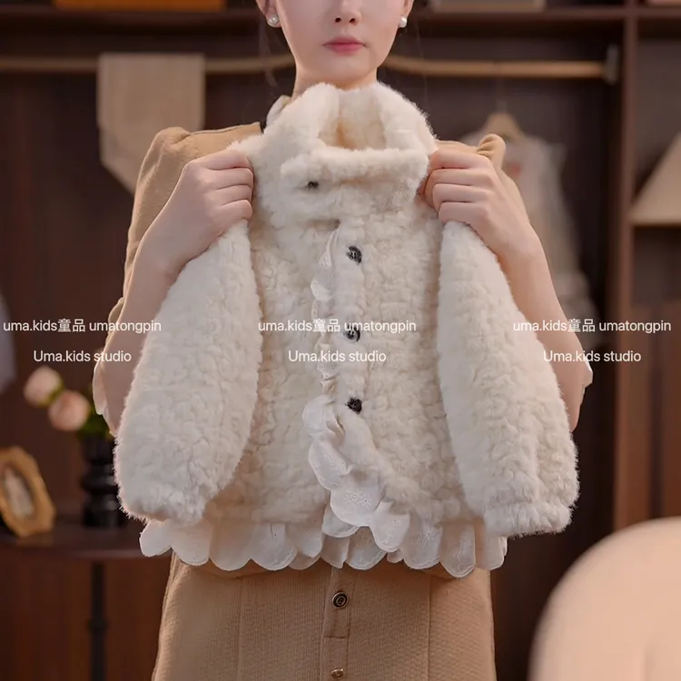 女童2025冬季新款法式儿童轻奢洋气小香风花边加绒外套棉衣
