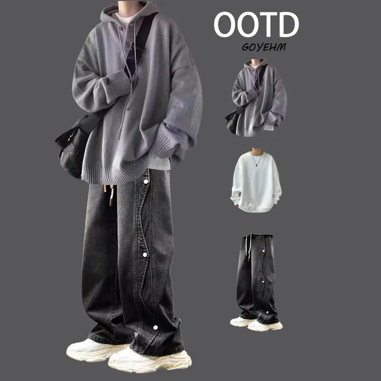 慵懒风针织衫毛衣潮牌三件套装男生秋冬连帽线衣痞帅气搭配牛仔裤