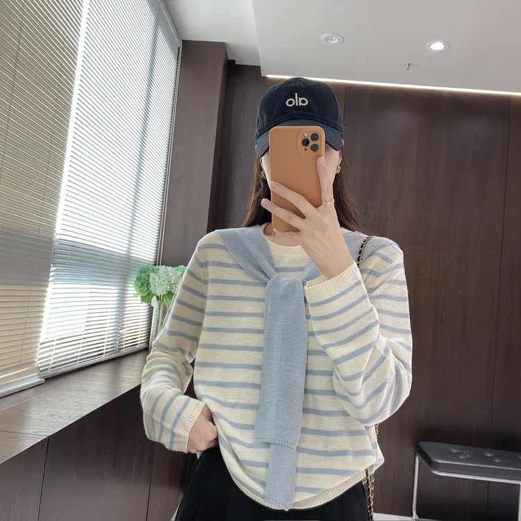 IMFLY金小金自制女装 针织衫DYW9782早秋学院风韩系披肩条纹上衣