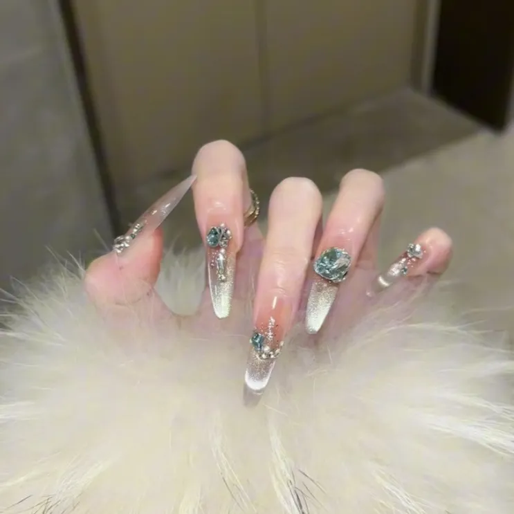 【沦陷西西里】纯手工穿戴甲冰透渐变高级猫眼长款显白美甲贴