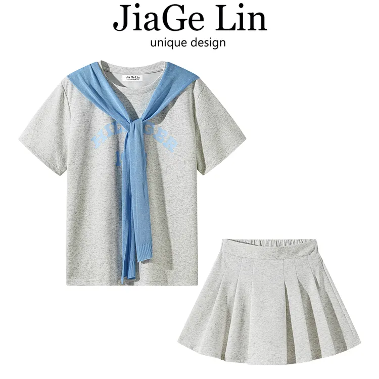 JiaGeLin韩系简约百搭字母印花T恤百褶半身短裙两件套女夏季套装