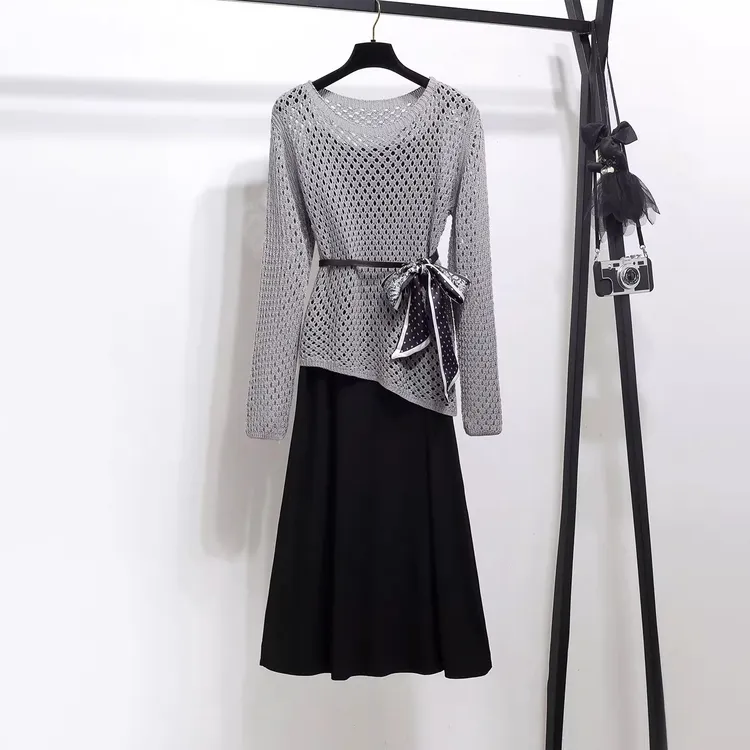 拉夏贝尔韩系网格针织镂空罩衫上衣吊带裙女2025秋季新款两件套裙