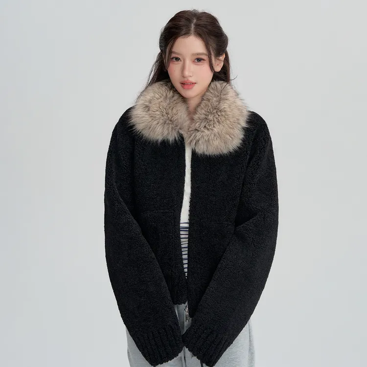OIOI ESSE｜毛领拼接小颗粒羊羔绒拉链外套女秋冬装黑色上衣