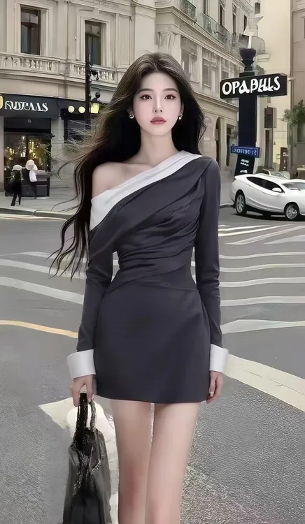 韩版气质显瘦女装深灰色斜领长袖修身收腰包臀连衣裙女氛围感短裙