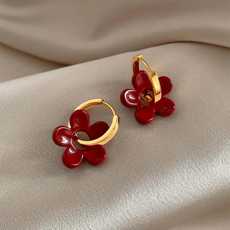 合金耳饰 气质安可拉红色滴釉花朵耳环小众高级感耳扣耳钉耳饰品