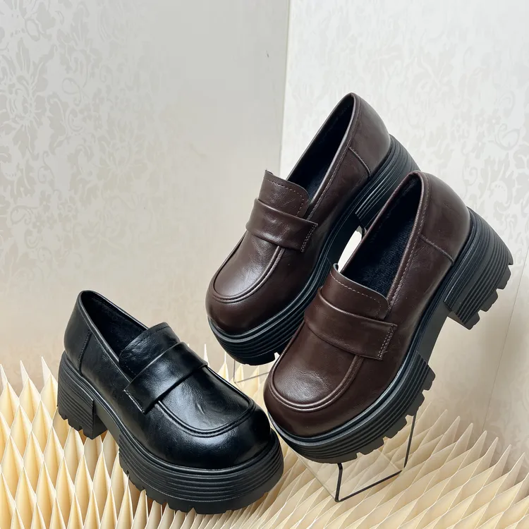 937加绒秋冬新款英伦风圆头厚底百搭粗跟复古法式乐福鞋