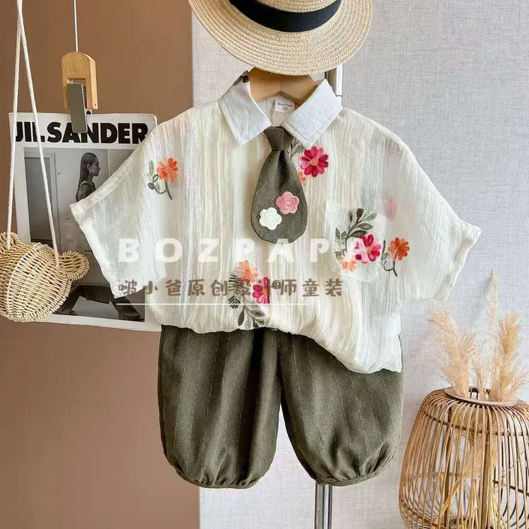儿童夏季新款2025男女童薄纱提花衬衫幼儿园超萌七分裤洋气两件套