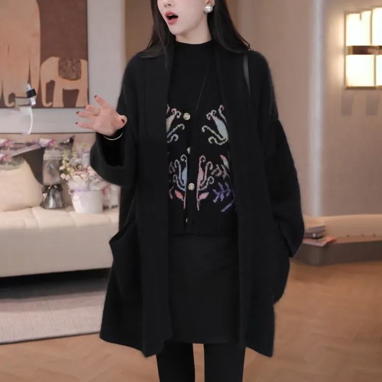 中长款黑色针织开衫女士秋冬新款慵懒高级感宽松显瘦毛衣外套上衣