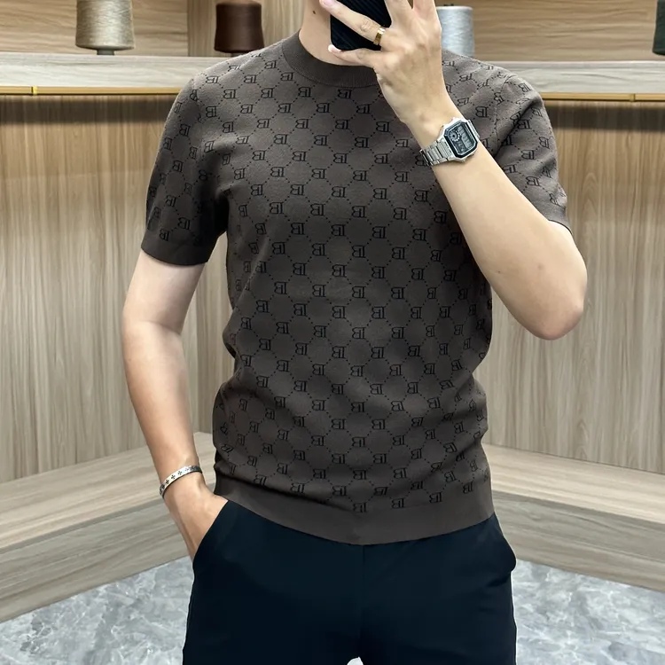 2025秋冬男士打底衫针织衫短袖商务休闲字母提花圆领修身潮流百搭