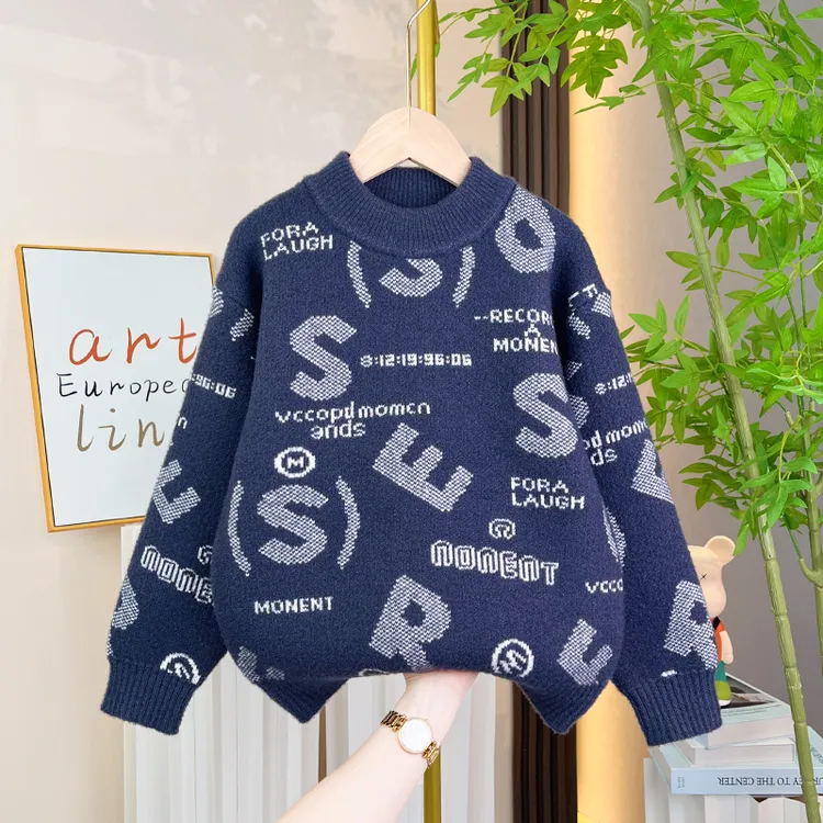男童毛衣加厚2025新款儿童圆领针织衫大童加厚冬季帅气男孩打底衫