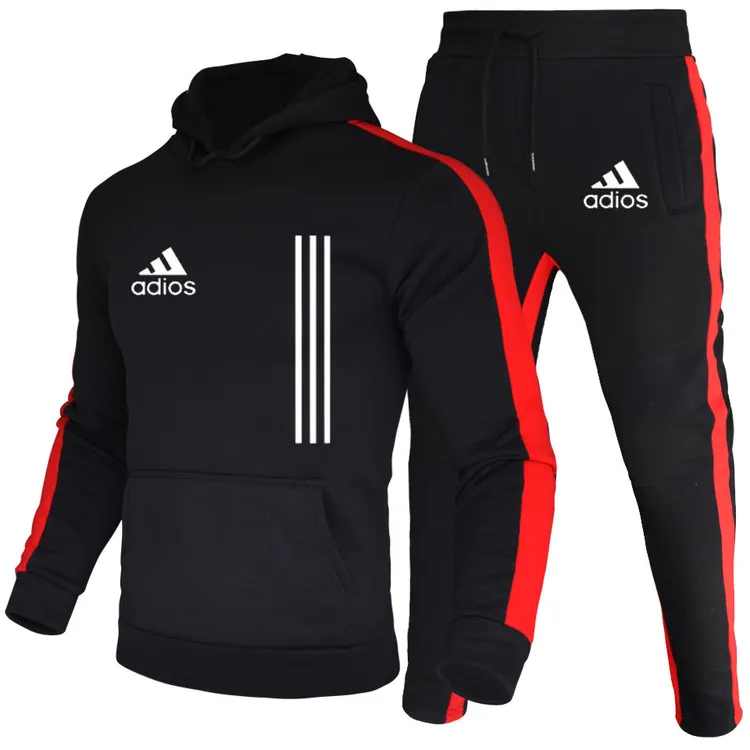 欧美新款秋冬季男士抓绒连帽印花卫衣休闲运动套装