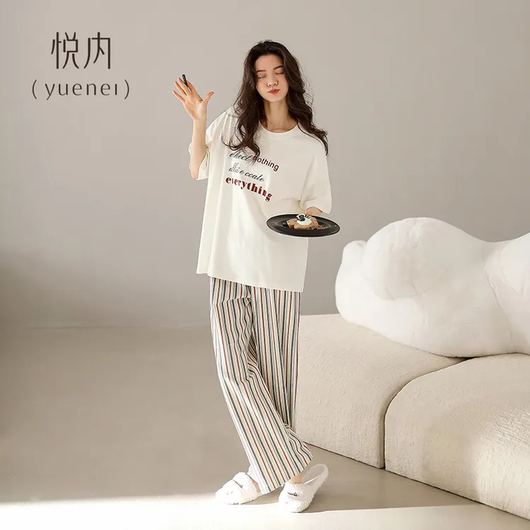 悦可外穿一体睡衣女款夏季夏天纯棉短袖长裤家居服时尚字母套装