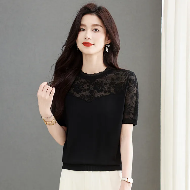 哥弟阿玛施正蕾丝冰丝短袖女圆领新款妈妈夏季桑蚕丝t恤薄款上衣