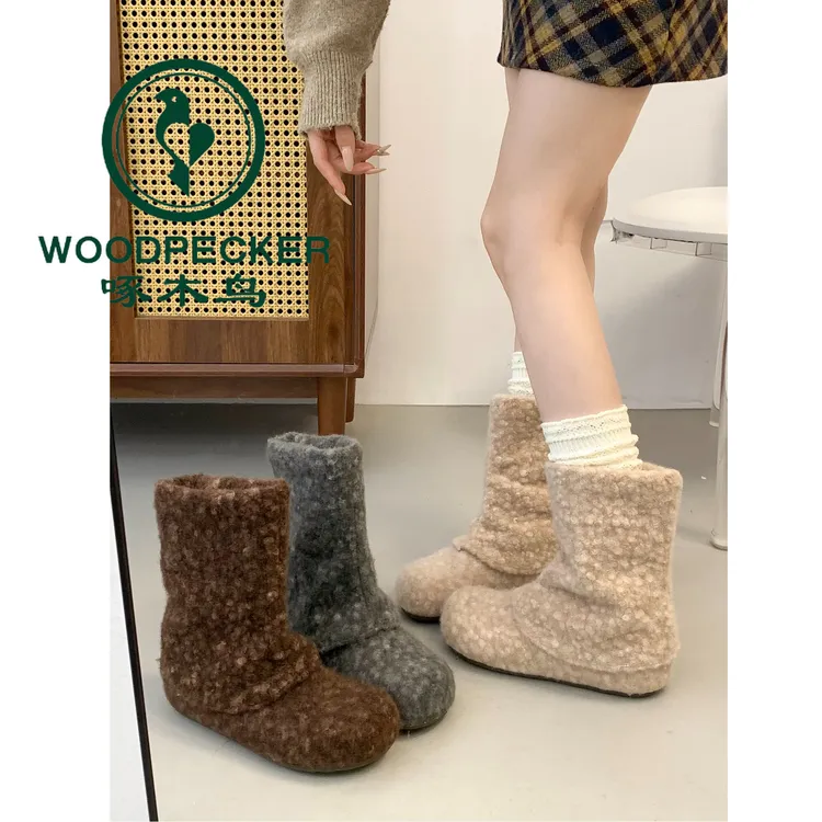 啄木鸟复古厚底内增高毛毛棉靴女2025新款冬季加绒保暖中筒雪地靴