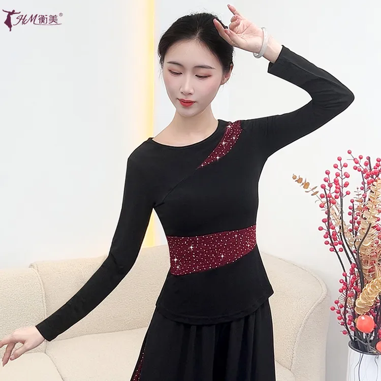 新款现代舞形体练功服修身圆领拼接贴钻设计古典舞演出练习舞服女