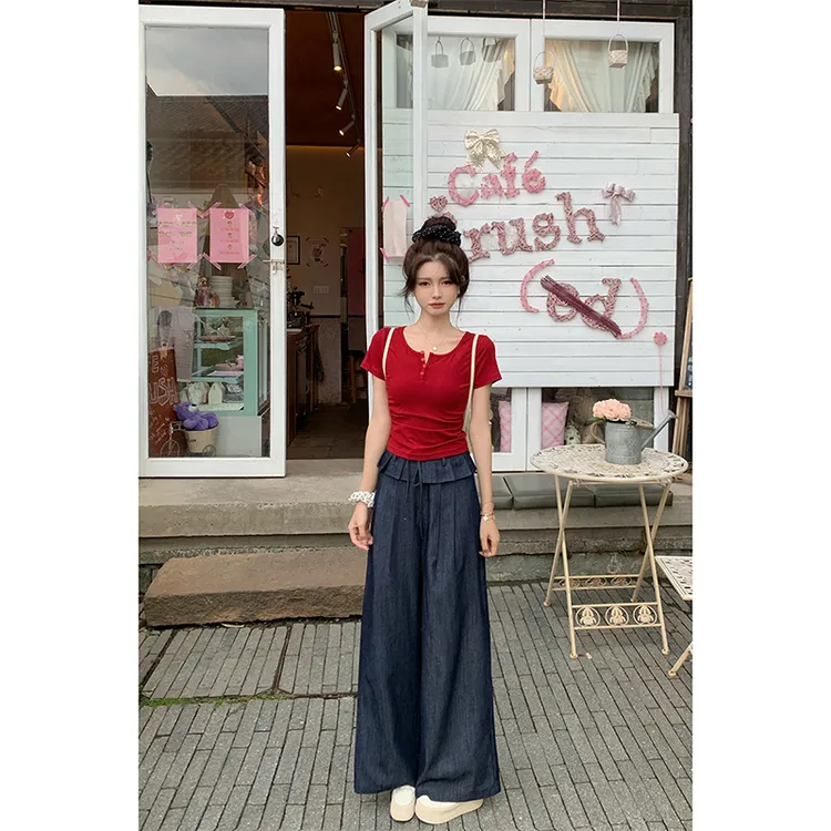 2025新款韩系ins花边高腰显瘦百搭阔腿休闲裤夏季女宽松直筒裤子