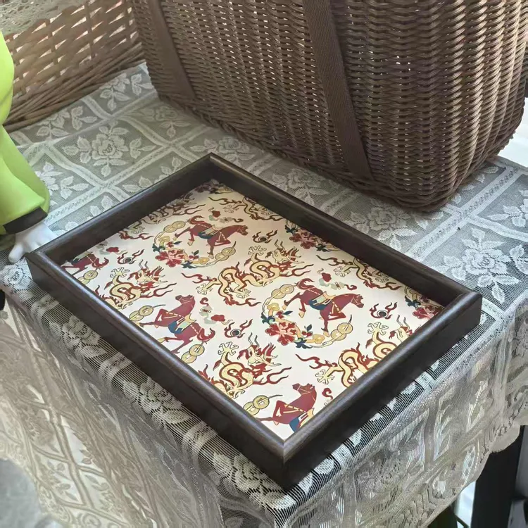 新款龙马托盘胡桃色框收纳托盘复古长方形
