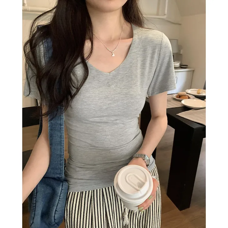 字母通勤短袖吸汗V领T恤垂感t恤夏装打底衫纯色紧身修身辣妹显瘦