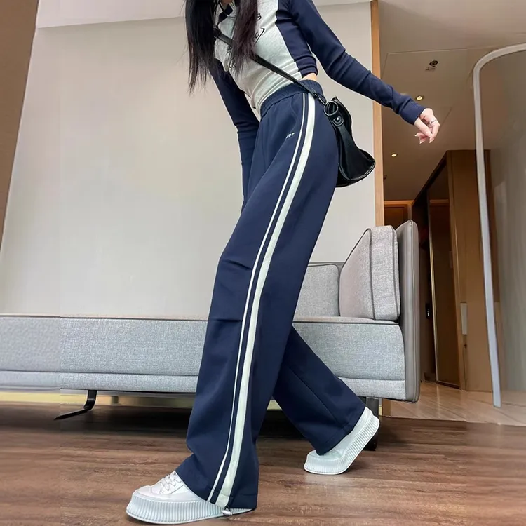 侧条纹运动阔腿裤女春秋季2025新款高腰小个子九分垂感窄版直筒裤